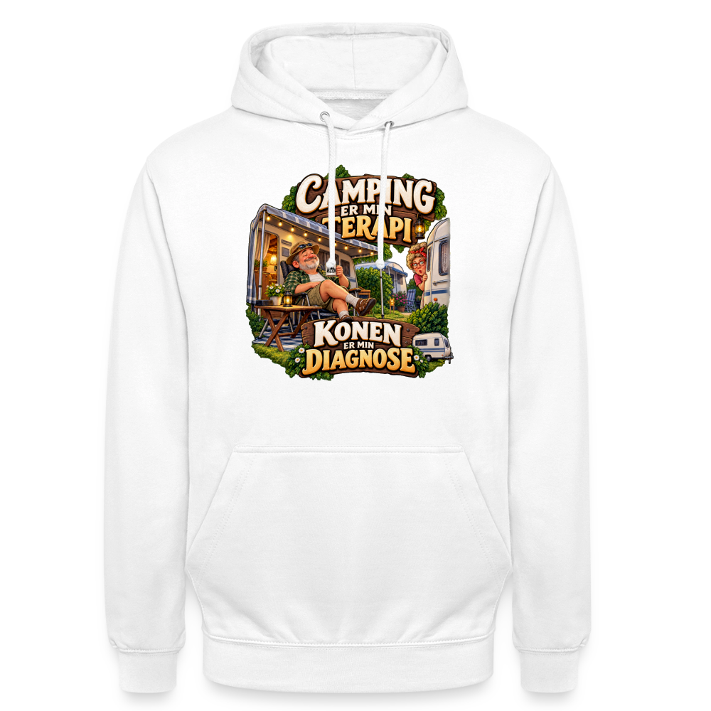 CityShirts - Hoodie - Camping er min terapi – Konen er min diagnose - CS032 - hvid