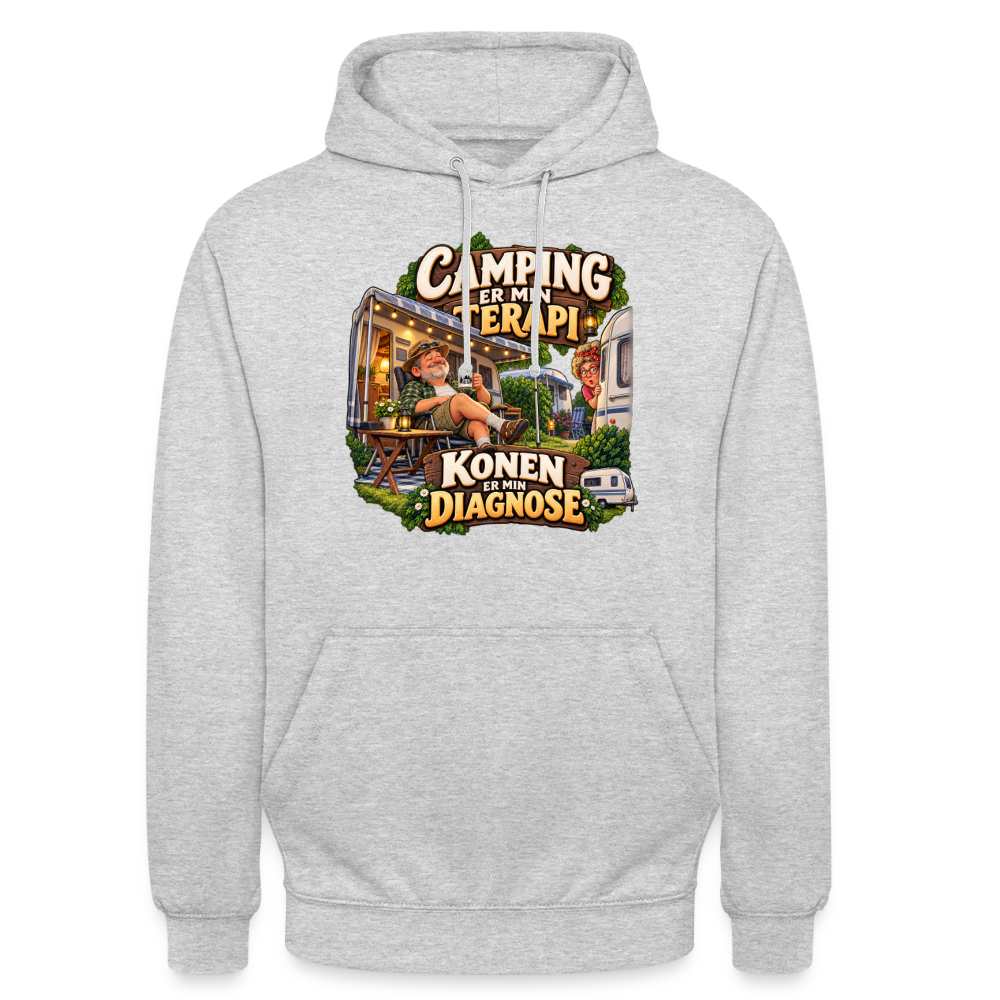 CityShirts - Hoodie - Camping er min terapi – Konen er min diagnose - CS032 - lysegrå meleret