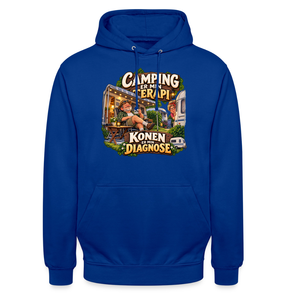 CityShirts - Hoodie - Camping er min terapi – Konen er min diagnose - CS032 - kongeblå
