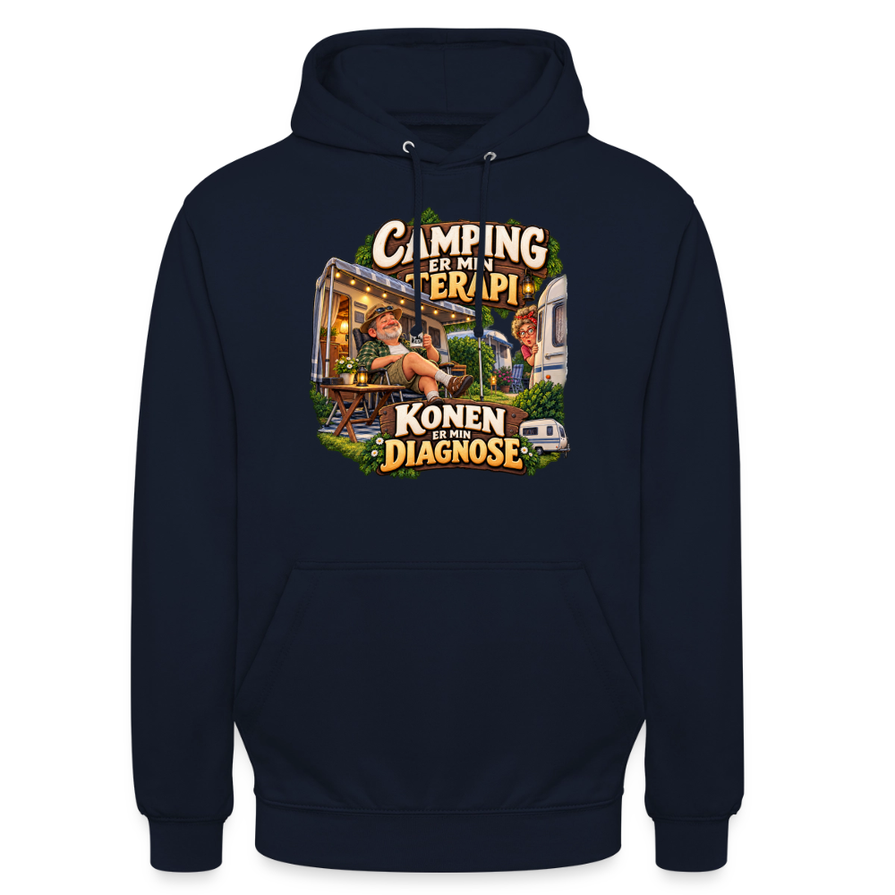 CityShirts - Hoodie - Camping er min terapi – Konen er min diagnose - CS032 - marineblå