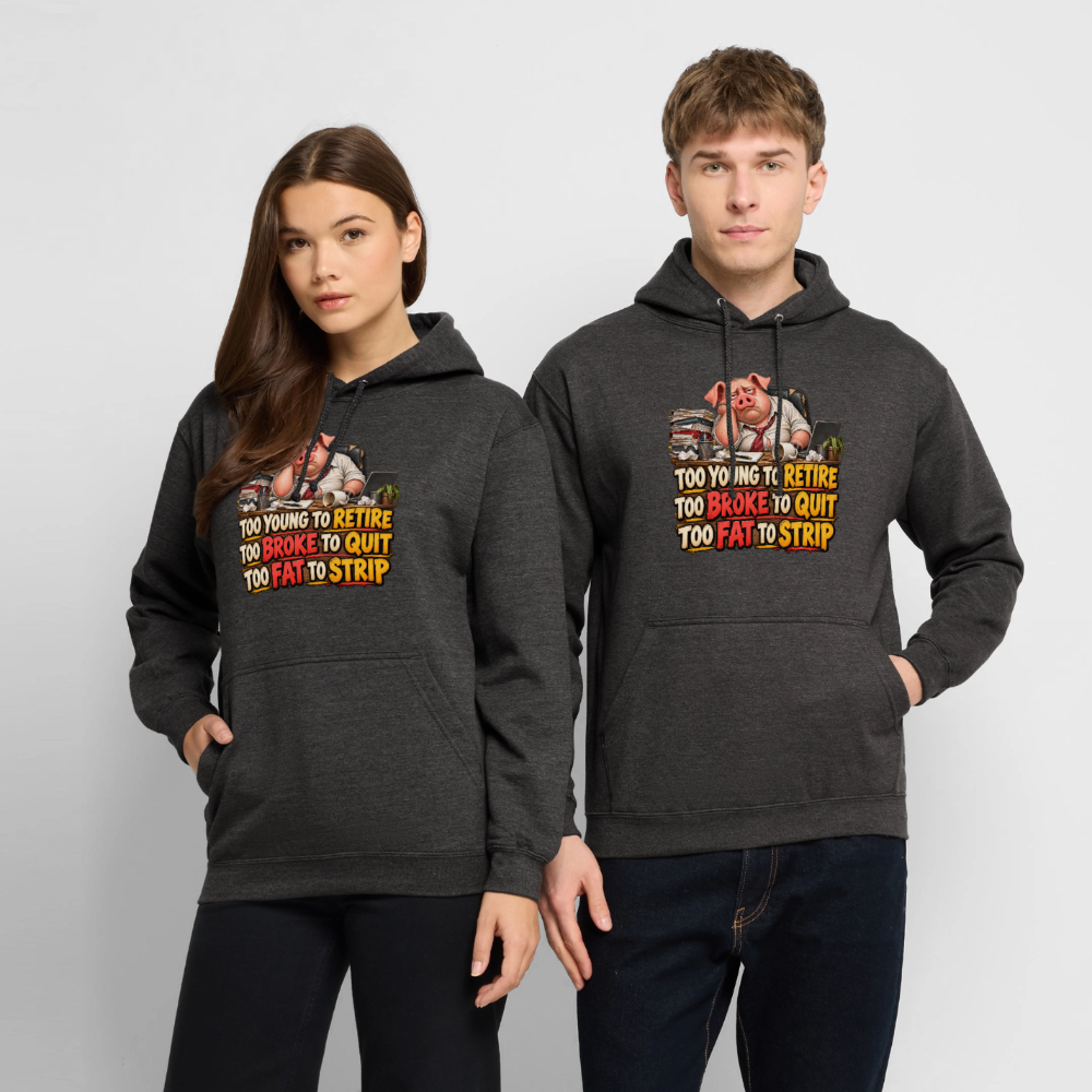 CityShirts - Hoodie - Too young to retire, too broke to quit, too fat to strip - CS010 - charcoal