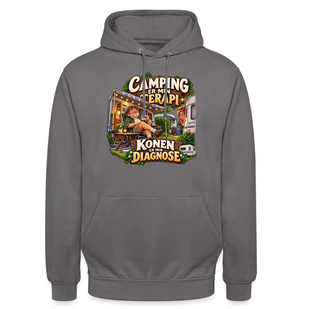 CityShirts - Hoodie - Camping er min terapi – Konen er min diagnose - CS032 - mellemgrå