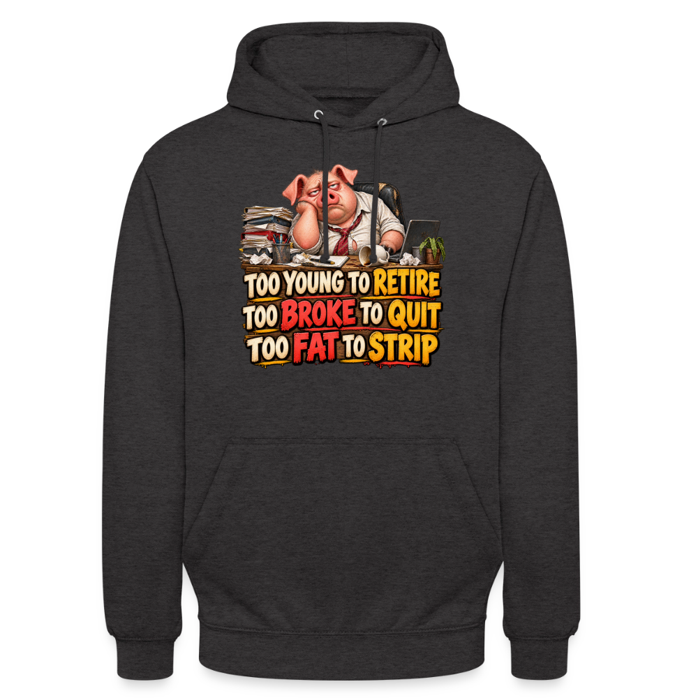 CityShirts - Hoodie - Too young to retire, too broke to quit, too fat to strip - CS010 - charcoal
