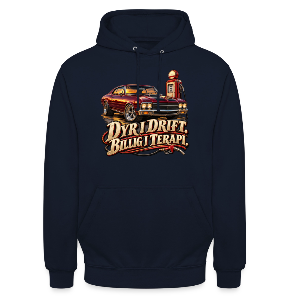 CityShirts - Hoodie - Dyr i drift. Billig i terapi. – V8 - CS029 - marineblå