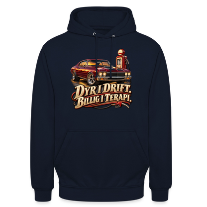 CityShirts - Hoodie - Dyr i drift. Billig i terapi. – V8 - CS029 - marineblå