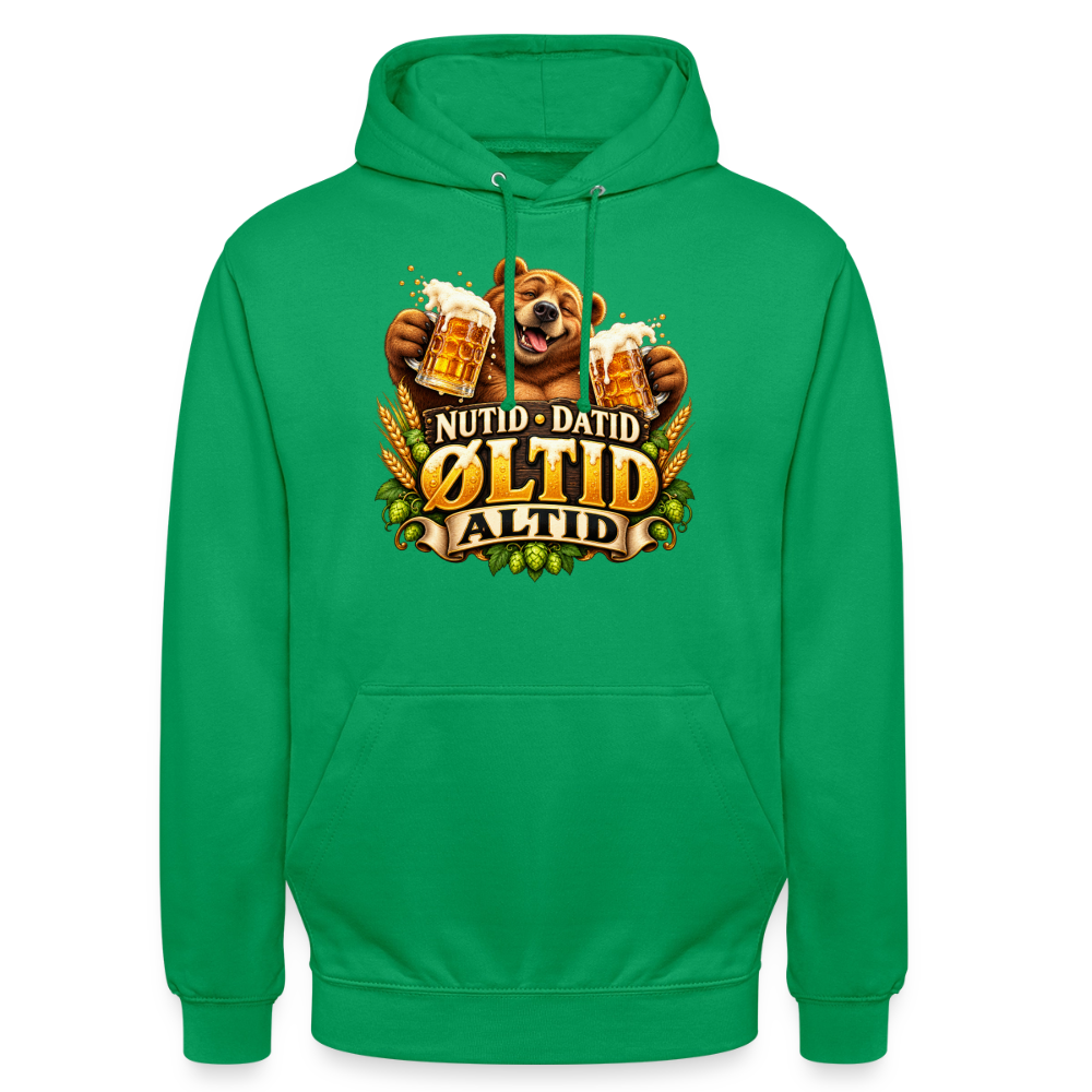 CityShirts - Hoodie - Nutid, datid, øltid – altid - CS006 - kelly grøn