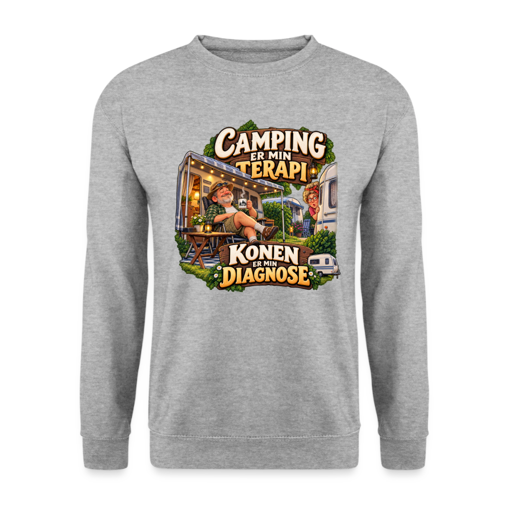 CityShirts - Sweatshirt - Camping er min terapi – Konen er min diagnose - CS032 - hvidgrå meleret