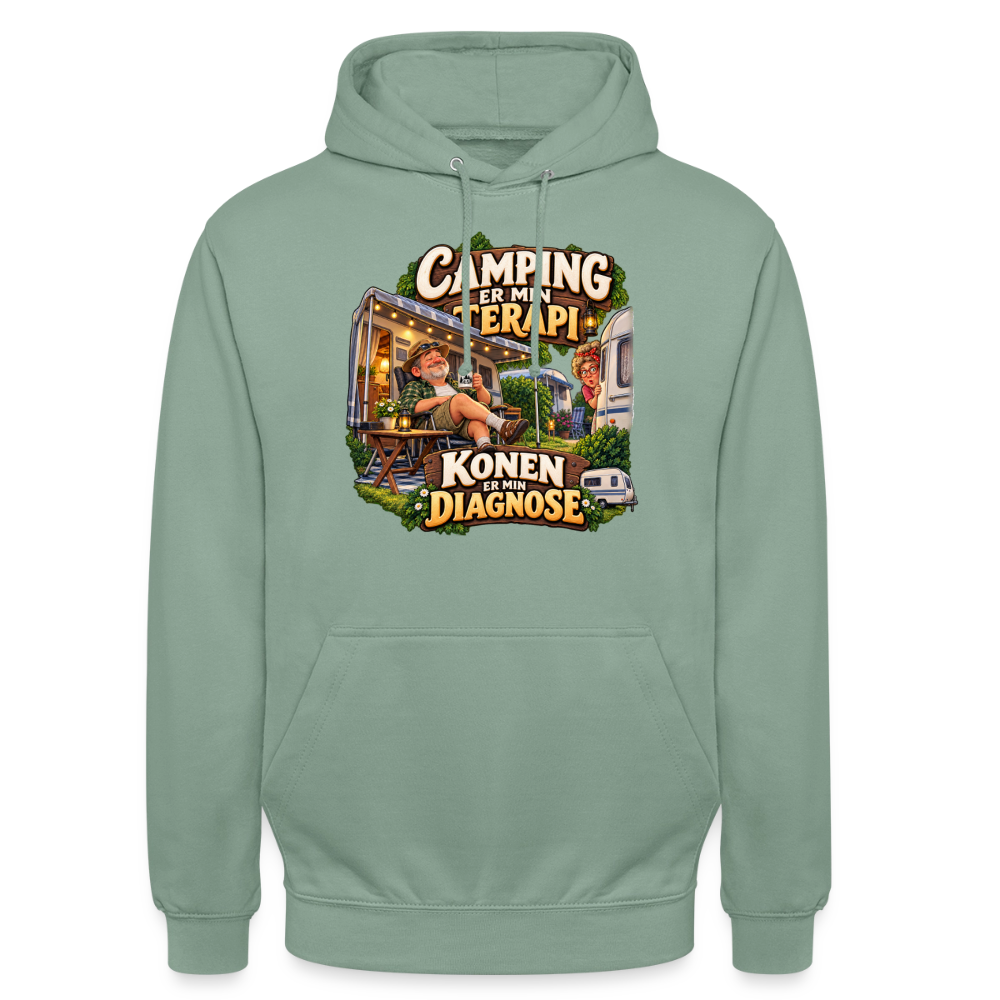 CityShirts - Hoodie - Camping er min terapi – Konen er min diagnose - CS032 - grågrøn