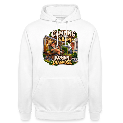 CityShirts - Hoodie - Camping er min terapi – Konen er min diagnose - CS032 - hvid