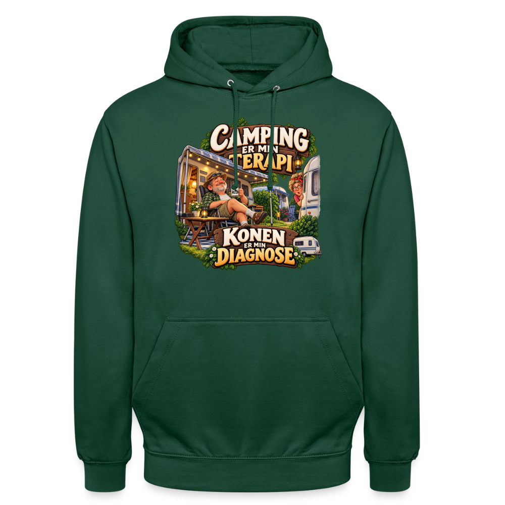 CityShirts - Hoodie - Camping er min terapi – Konen er min diagnose - CS032 - flaskegrøn