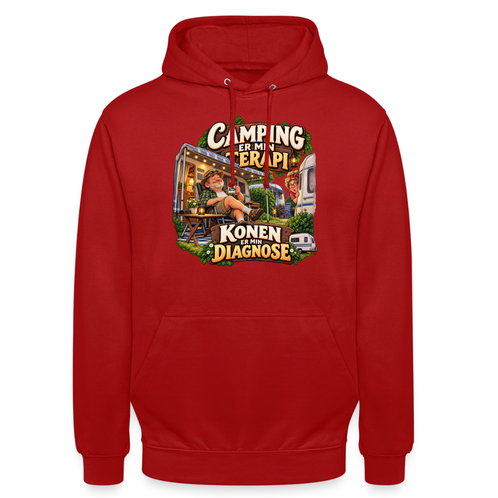 CityShirts - Hoodie - Camping er min terapi – Konen er min diagnose - CS032 - rød